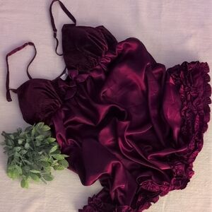 Flora Nikrooz Burgundy Satin and Velvet Chemise